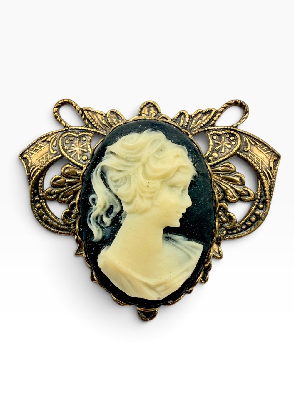 Vintage Victorian Revival Cameo Brooch | Ornate Antique Gold Tone Filigree Pin